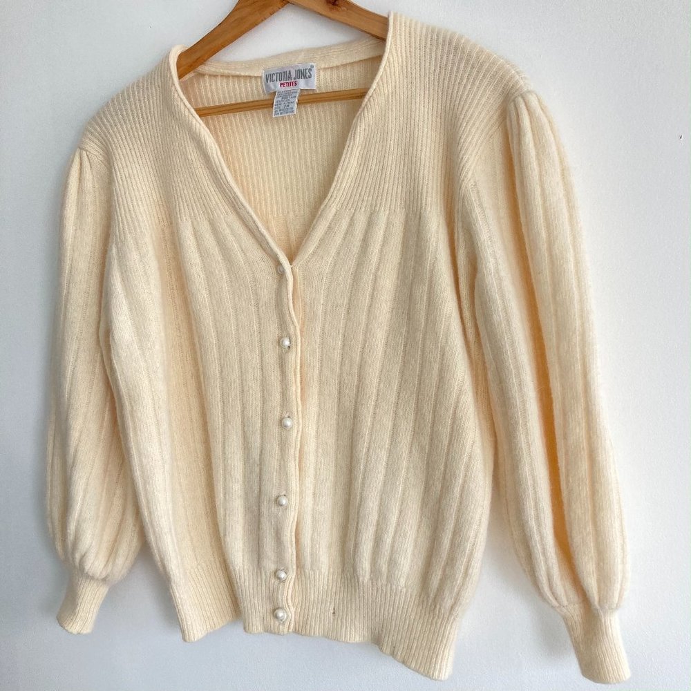 True Vintage 80s Angora Cardigan Puff-sleeve Sweater Pearl Buttons M